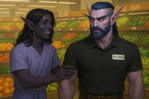 Einariel a graceful figure with dark purple skin and long dark flowing hair dressed in palliative ca.png