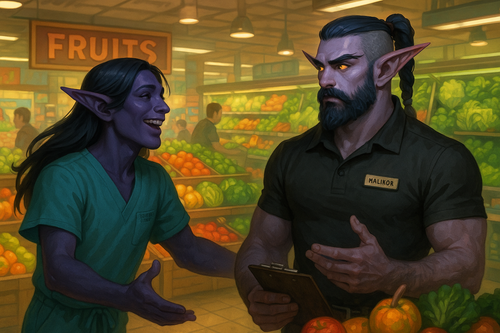 An epic illustration of Einariel a character with dark purple skin and long dark flowing hair wearin.png