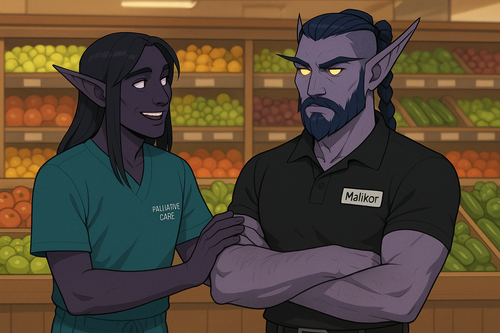 Einariel a figure with dark purple skin and long dark hair wearing palliative care scrubs is greetin.png