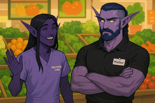 Einariel with dark purple skin and long dark hair wearing palliative care scrubs greeting his husban.png