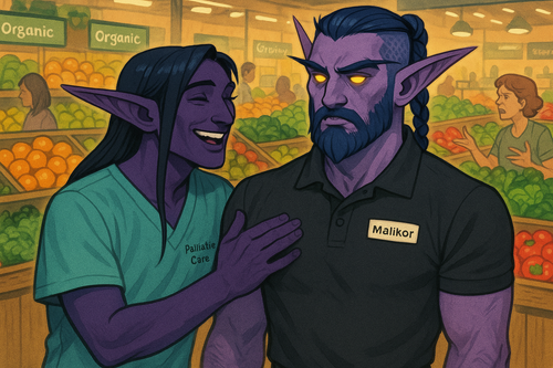 Einariel with dark purple skin and long dark hair wearing palliative care scrubs is warmly greeting .png