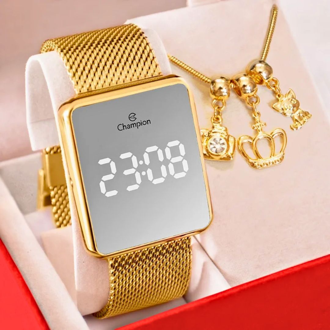 Relógio Feminino Champion Digital Dourado Ch40083b + Joias Fundo Espelhado