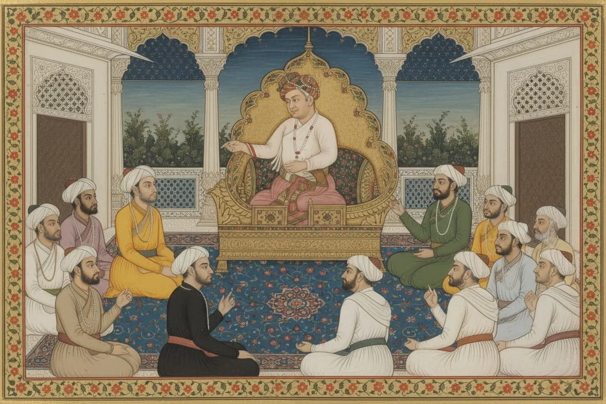 Akbar in his royal court King Akbar in his