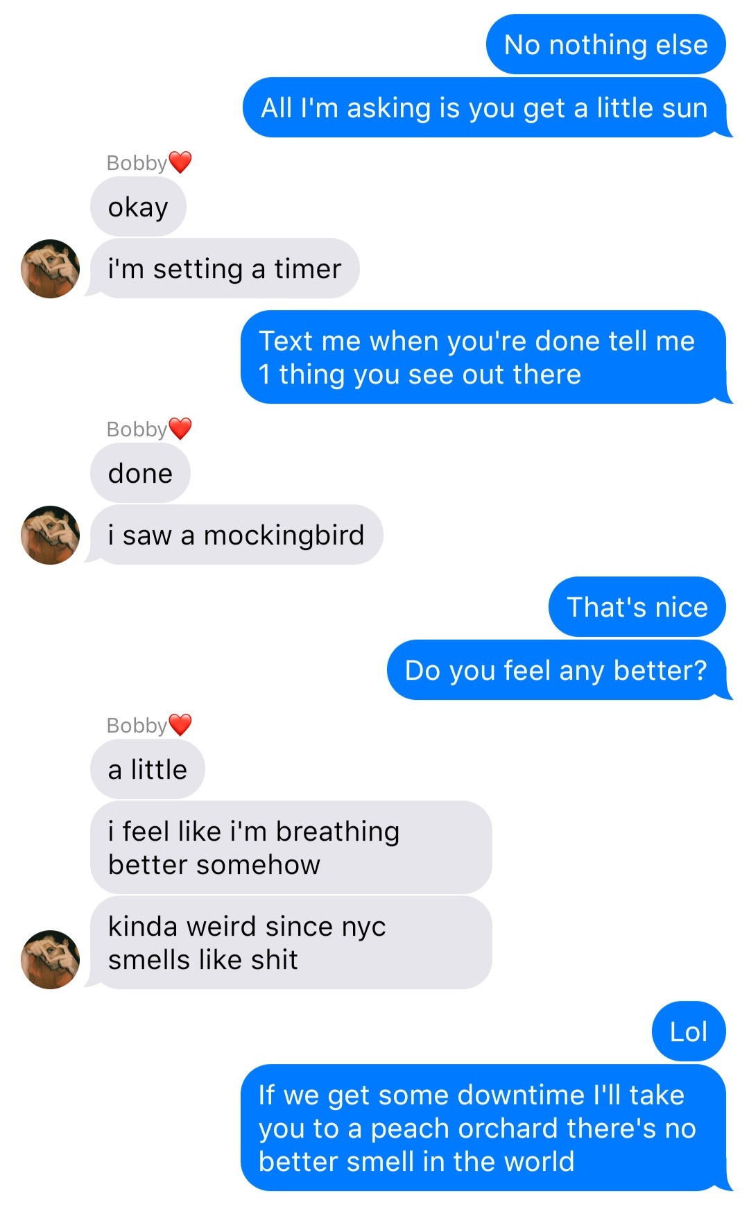 A fake ios chat that reads:
John: No nothing else
John: All I’m asking is you get a little sun
Bobby: okay
Bobby: I’m setting a timer
John: Text me when you’re done tell me 1 thing you see out there
Bobby: done
Bobby: I saw a mockingbird
John: That’s nice
John: Do you feel any better?
Bobby: a little
Bobby: I feel like I’m breathing better somehow
Bobby: kinda weird since nyc smells like shit
John: Lol
John: If we get some downtime I’ll take you to a peach orchard there’s no better smell in the world