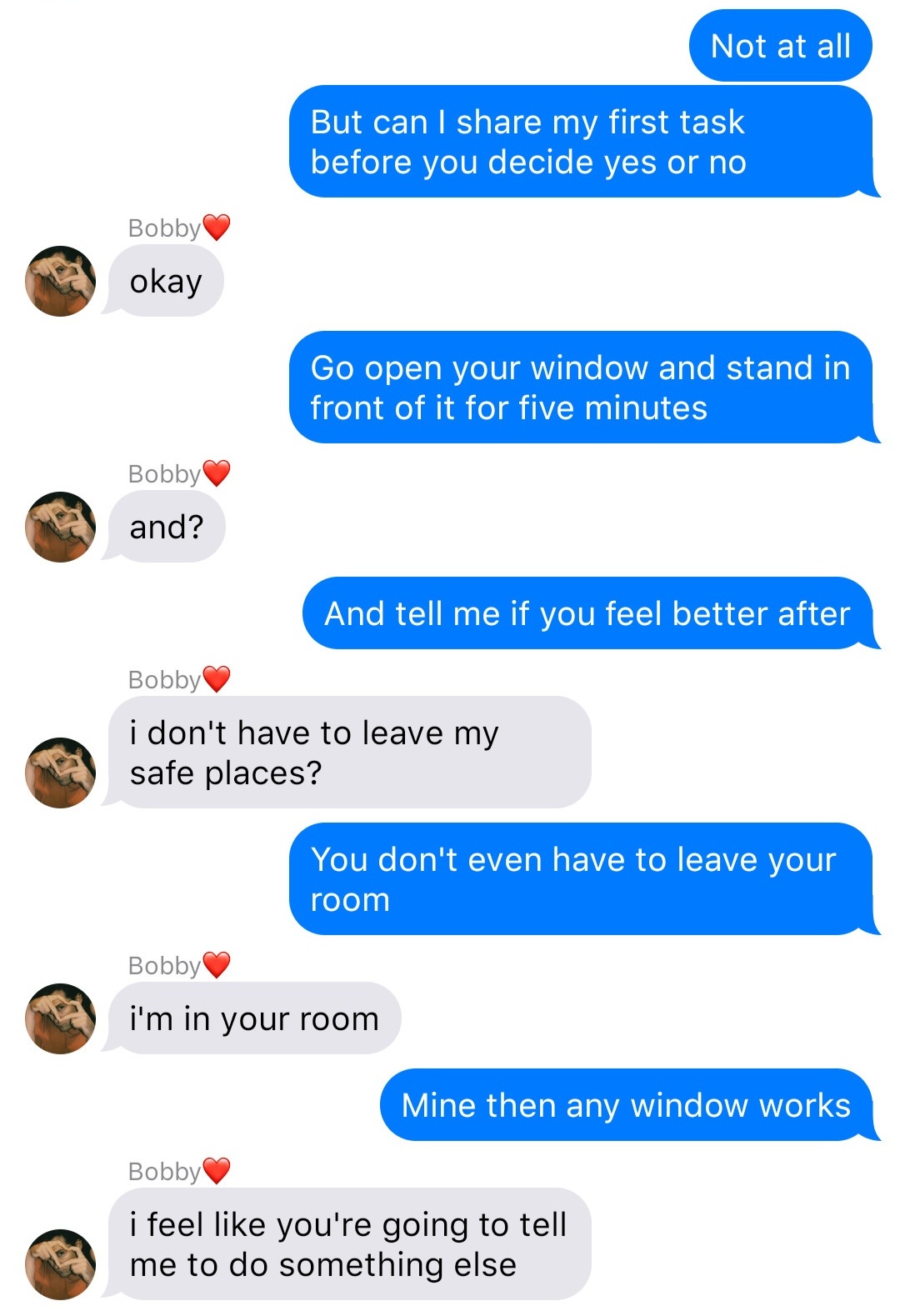 A fake ios chat that reads:
John: Not at all
John: But can I share my first task before you decide yes or no
Bobby: okay
John: Go open your window and stand in front of it for five minutes
Bobby: and?
John: And tell me if you feel better after
Bobby: i don't have to leave my safe places?
John: You don't even have to leave your room
Bobby: i'm in your room
John: Mine then any window works
Bobby: i feel like you're going to tell me to do something else