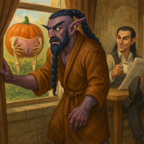 A hilarious fantasy scene featuring Malikor a muscular night elf monk with long dark blue bubble bra.png