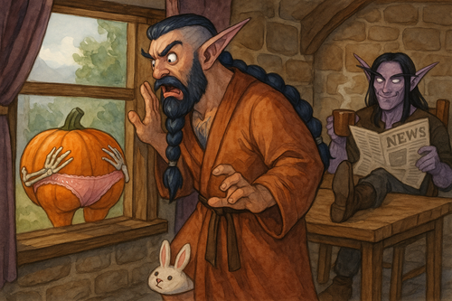 A hilarious fantasy scene featuring Malikor a muscular night elf monk with a long dark blue bubble b.png