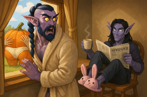 A comedic fantasy scene of Malikor a muscular night elf monk with a long dark blue bubble braid shav.png