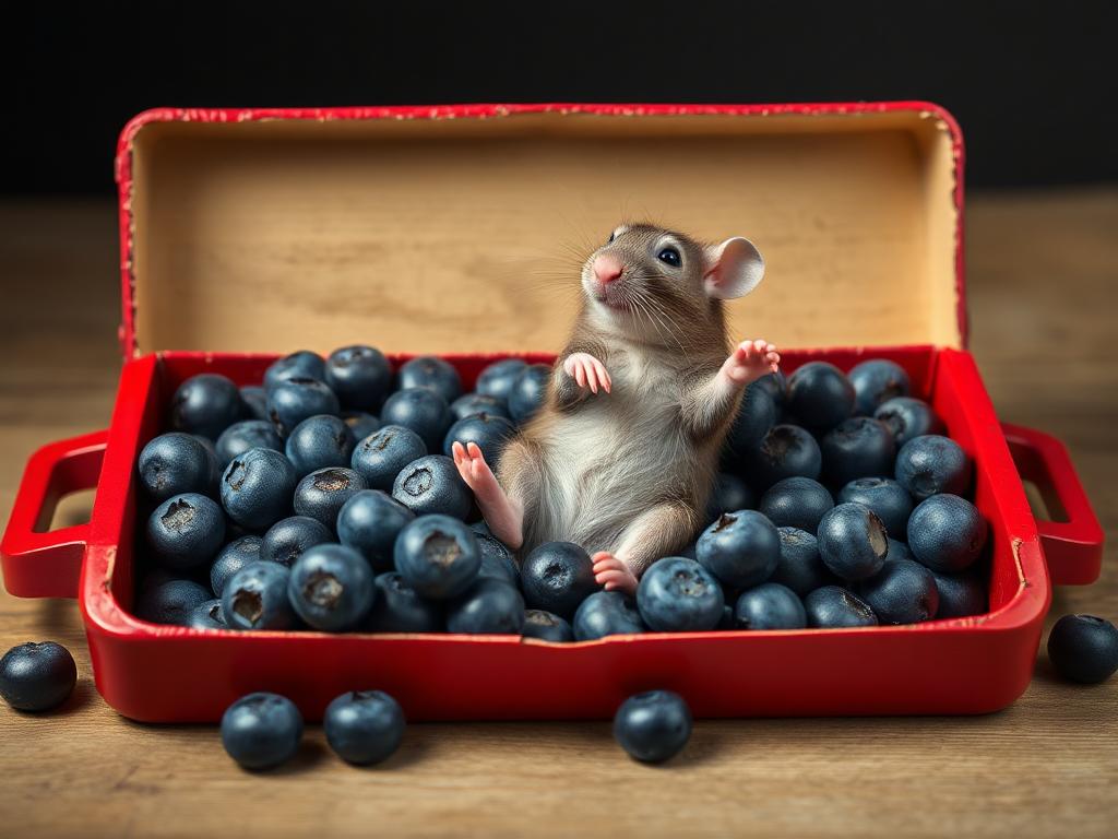 A red box of blue berries with a rat dancing inside