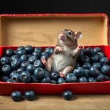 www.naked-ai.art - A red box of blue berries with a rat dancing inside