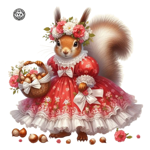Белочка с корзинкой цветов и орешками 4.png