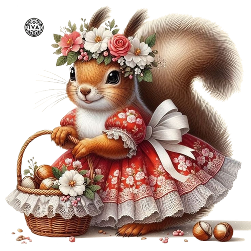 Белочка с корзинкой цветов и орешками 3.png