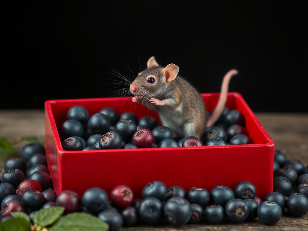 A red box of blue berries with a rat dancing inside