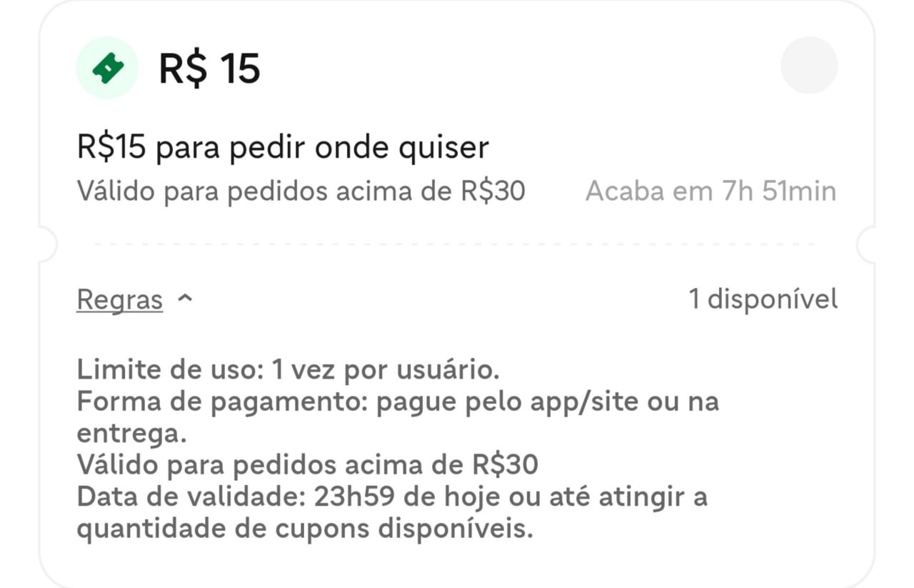 Cupom Ifood REGIONAL R$ 15 OFF em compras acima de R$ 30