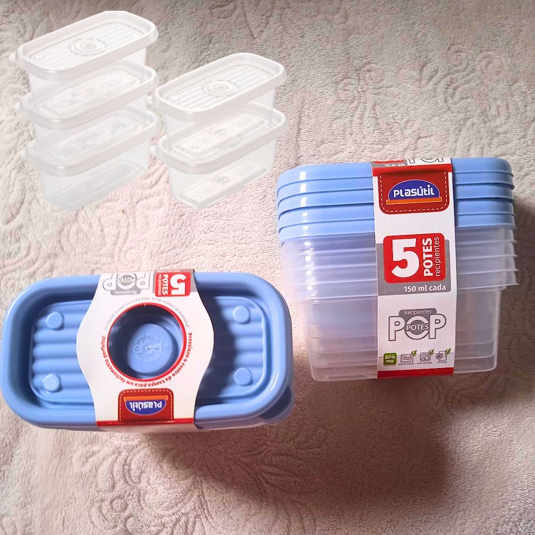 Conjunto de Potes Retangulares Pop Pequeno com 5 Unidades, Plasútil Conjunto de Potes Retangulares Pop Pequeno com 5 Unidades, Plasútil