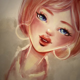Illustrated portrait of a young lady with reddish hair in a bob, blue eyes, and a faux fur coat.