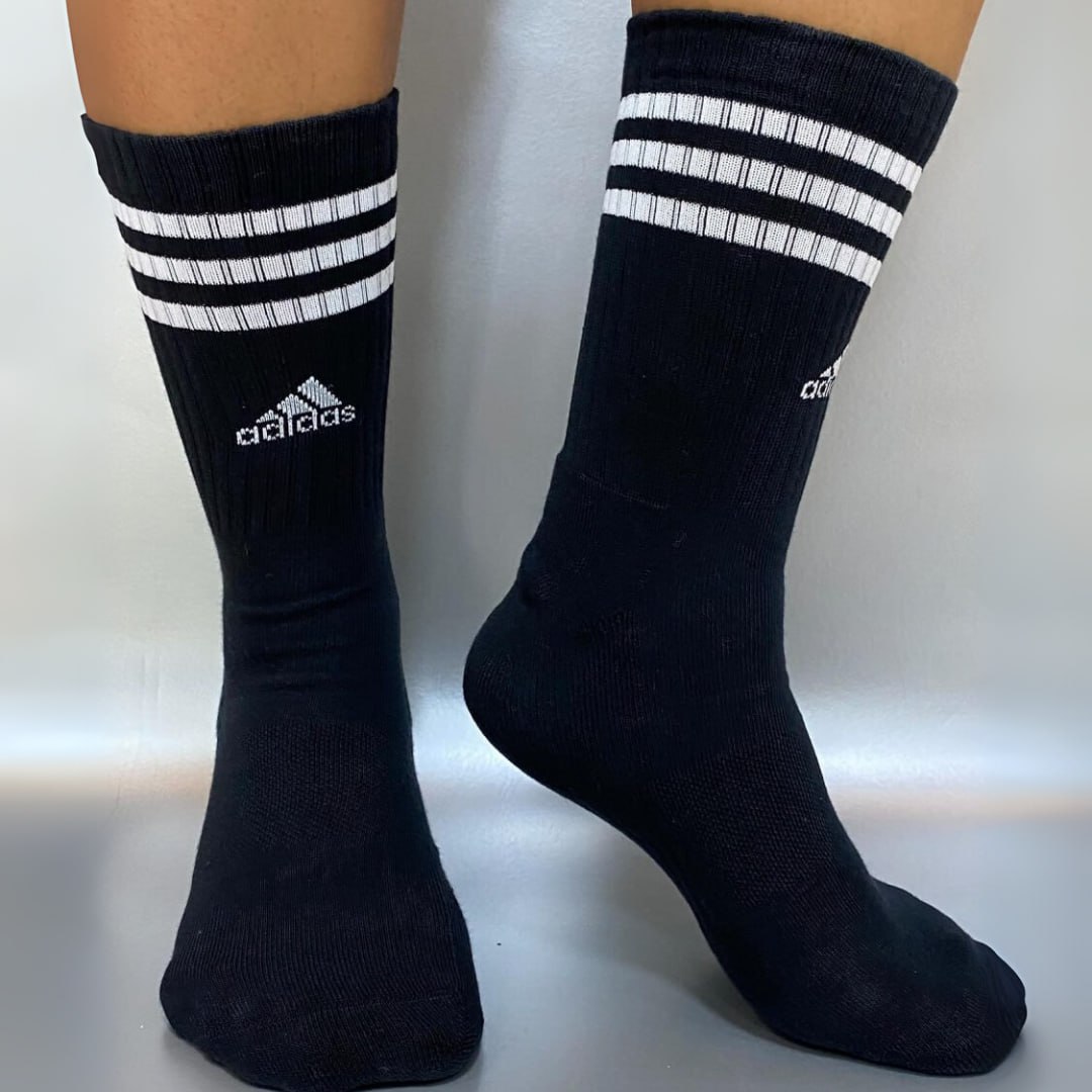 Kit Meia Adidas Cano Alto 3 Listras c/ 3 Pares – Cinza+Branco