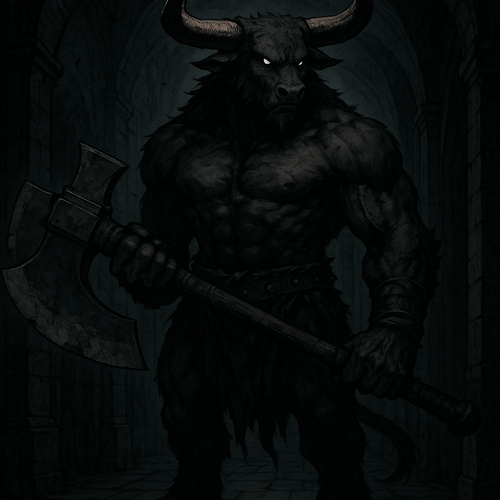 20250918 1920 Minotaur Warrior in Dungeon simple compose 01k5fneg13fa1tdd3nheh160ea.png