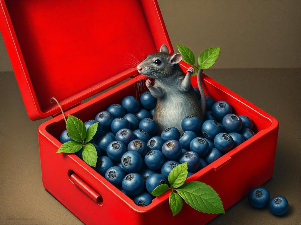 A red box of blue berries with a rat dancing inside