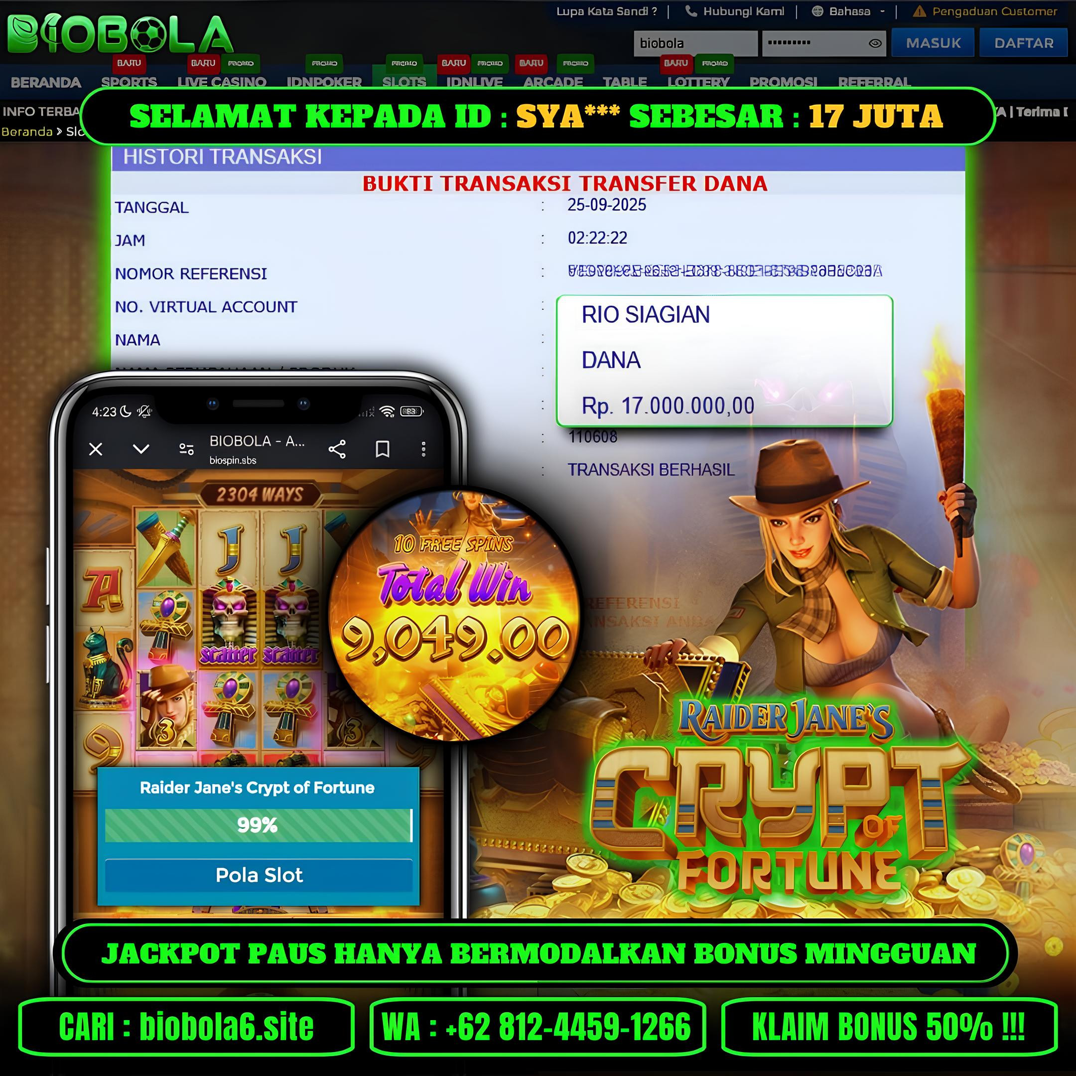 BIOBOLA  - JACKPOT DI GAME JANE'S CRYPT OF FORTUNE RP 17JT DIBAYAR LUNAS