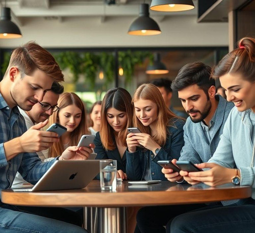 a diverse group of young people in bucharest using smartphones and laptops in a modern cafe.jpg
