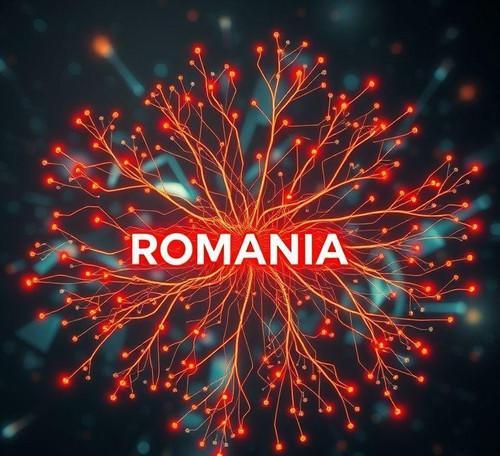 a futuristic graphic representing the romanian language as a neural network with latin roots branc.jpg