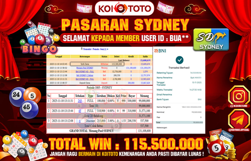 JACKPOT TOGEL !! MENANG BESAR DI PASARAN SYDNEY SEBESAR RP 115.500.000 !!! KOITOTO LANGSUNG BAYAR LUNAS