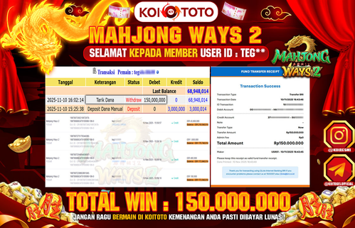 SUPER WIN !! MENANG BESAR DI PERMAINAN MAHJONG WAYS 2 SEBESAR RP 150.000.000 !!! KOITOTO LANGSUNG BAYAR LUNAS