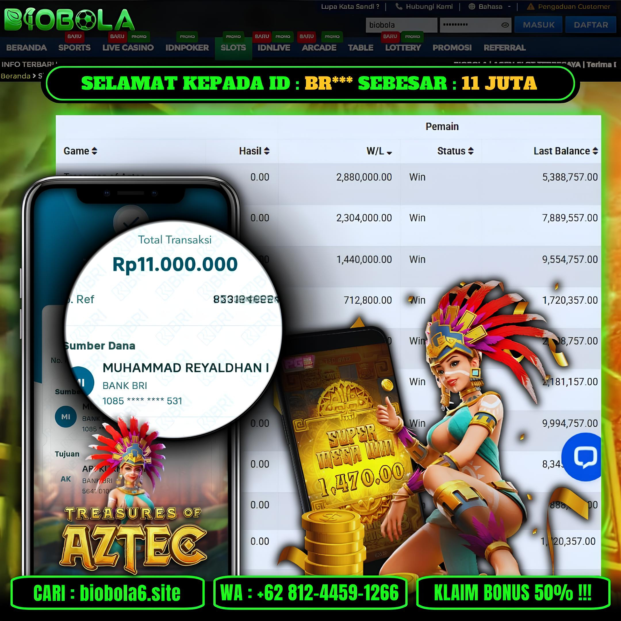 BIOBOLA  - JACKPOT DI GAME TREASURE OF AZTEC RP 11JT DIBAYAR LUNAS