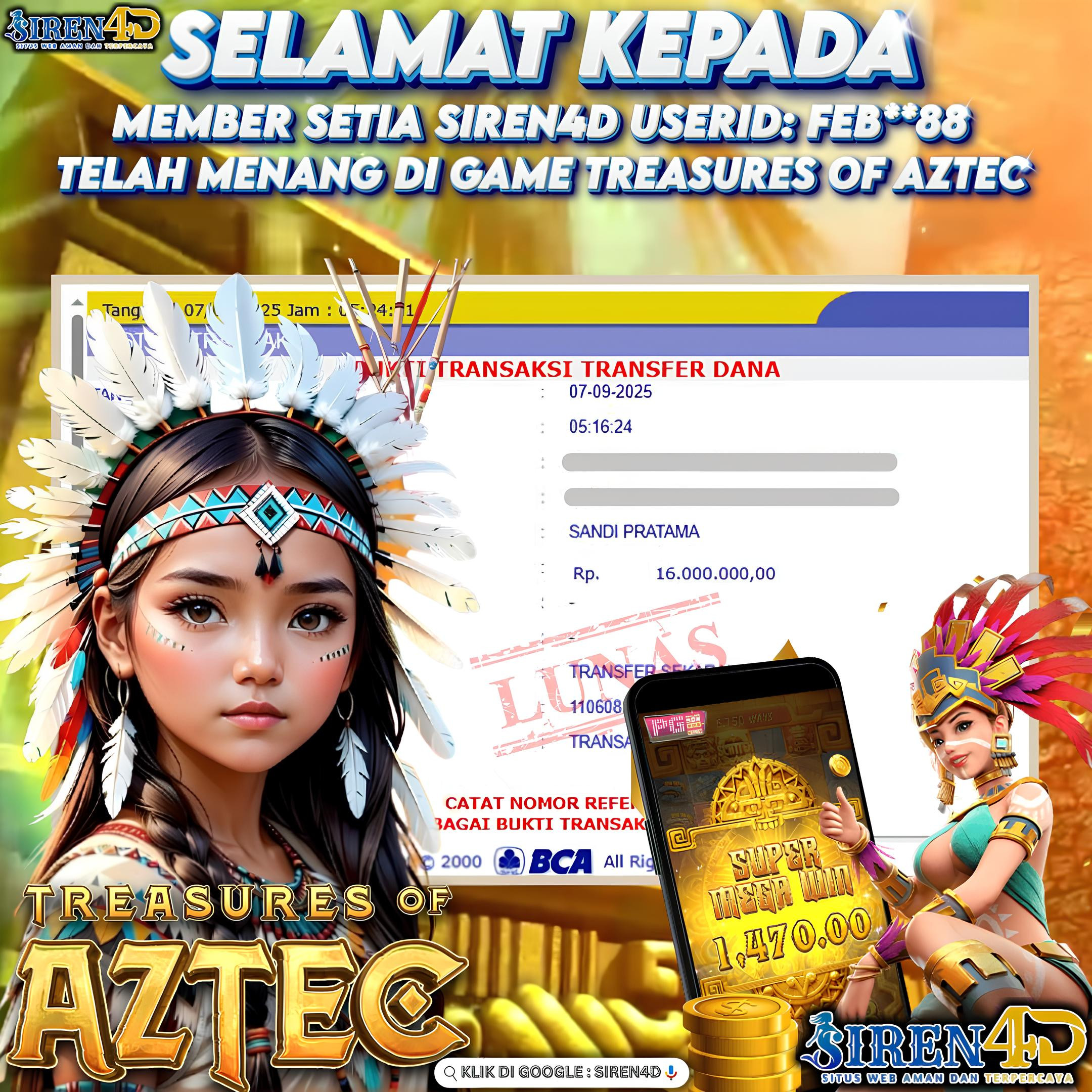 SIREN4D  - JACKPOT DI GAME TREASURES OF AZTEC RP 16JT DIBAYAR LUNAS