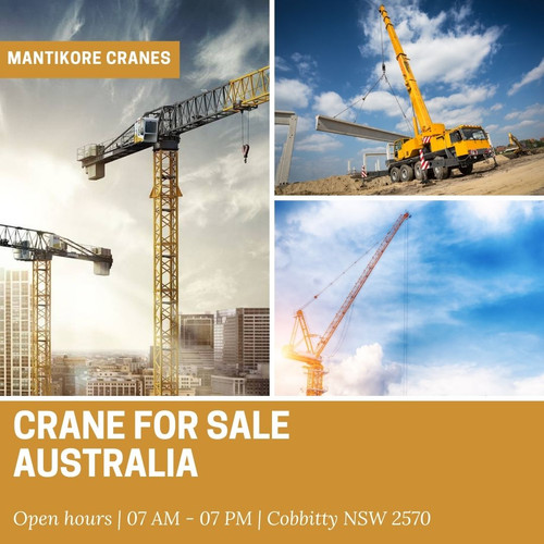Need a crane for sale Australia? Mantikore Cranes provides best new as well as used cranes for sale services. We can even provide custom cranes to suit your specifications. Also providing other crane services like Tower cranes, Mobile cranes, self-erecting cranes, Electric Luffing etc. Mantikore cranes provides cost-effective solutions to the lifting needs of its clients. Whichever crane you can be assured it is the most viable to get the job done.  Ranging from small to large projects we have a crane to meet your needs. Drop your requirement info@mantikorecranes.com.au, Call us at 1300 626 845. Our opening timing is Monday to Friday from 7 am to 7 pm.

•	Website:  https://mantikorecranes.com.au/