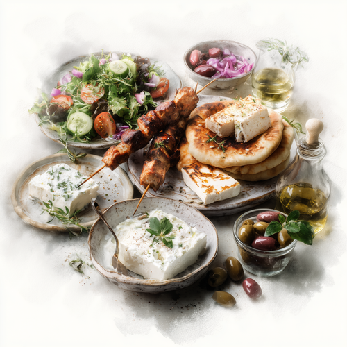 eman3139 watercolor illustration of a greek mezze spread souvla 636f4670 1976 4393 a756 c2fe58f0c95a.png