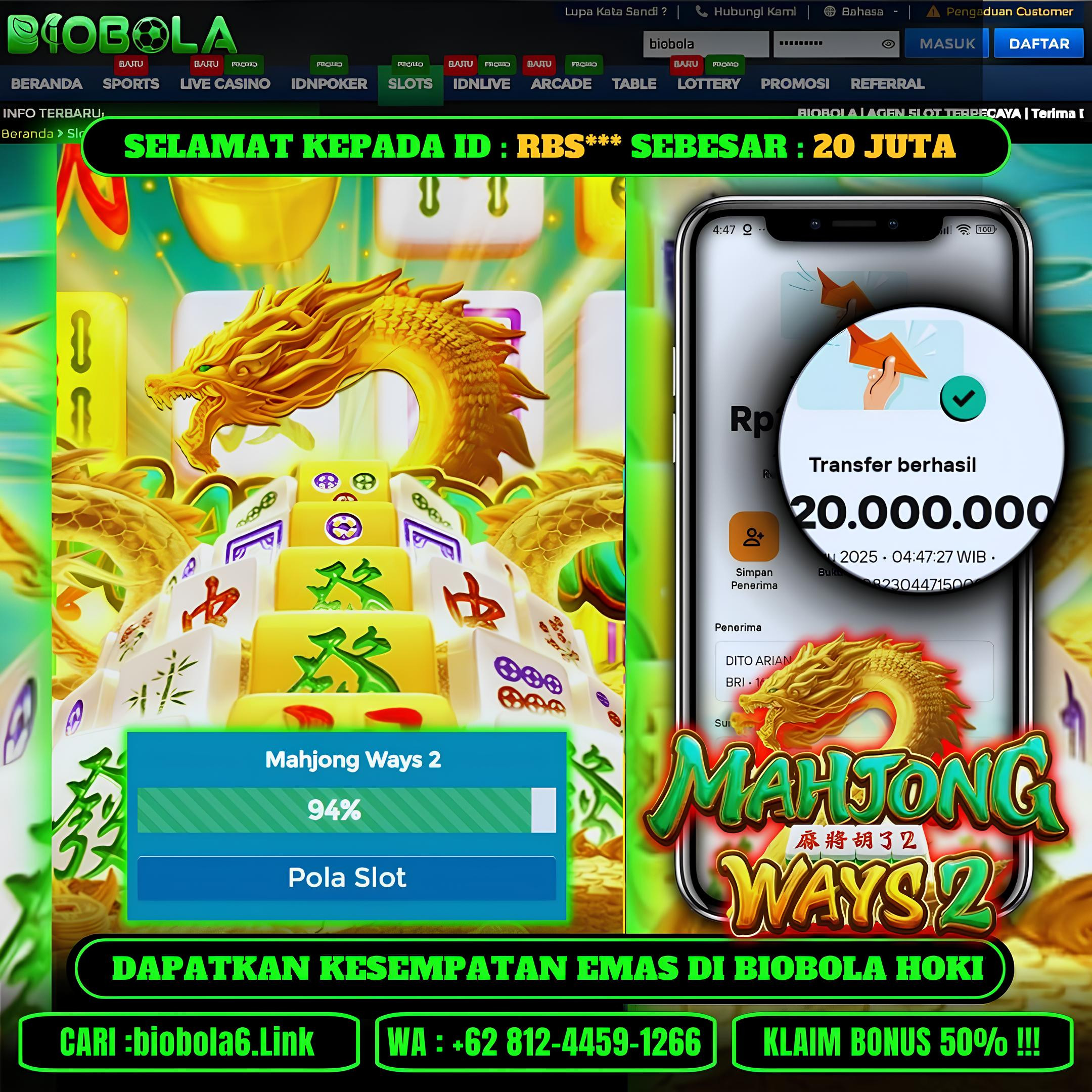 BIOBOLA  - JACKPOT DI GAME MAHJONG MEGAWAYS 2  RP 20JT DIBAYAR LUNAS
