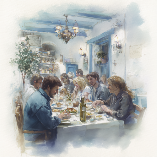 eman3139 watercolor illustration of friends dining together at 5a3a005a 3e6c 4b59 aeeb d970c9f4d733.png
