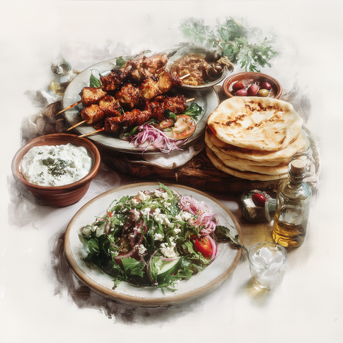 eman3139 watercolor illustration of a greek mezze spread souvla 09086102 330d 4b28 a957 a67272225dd4.png