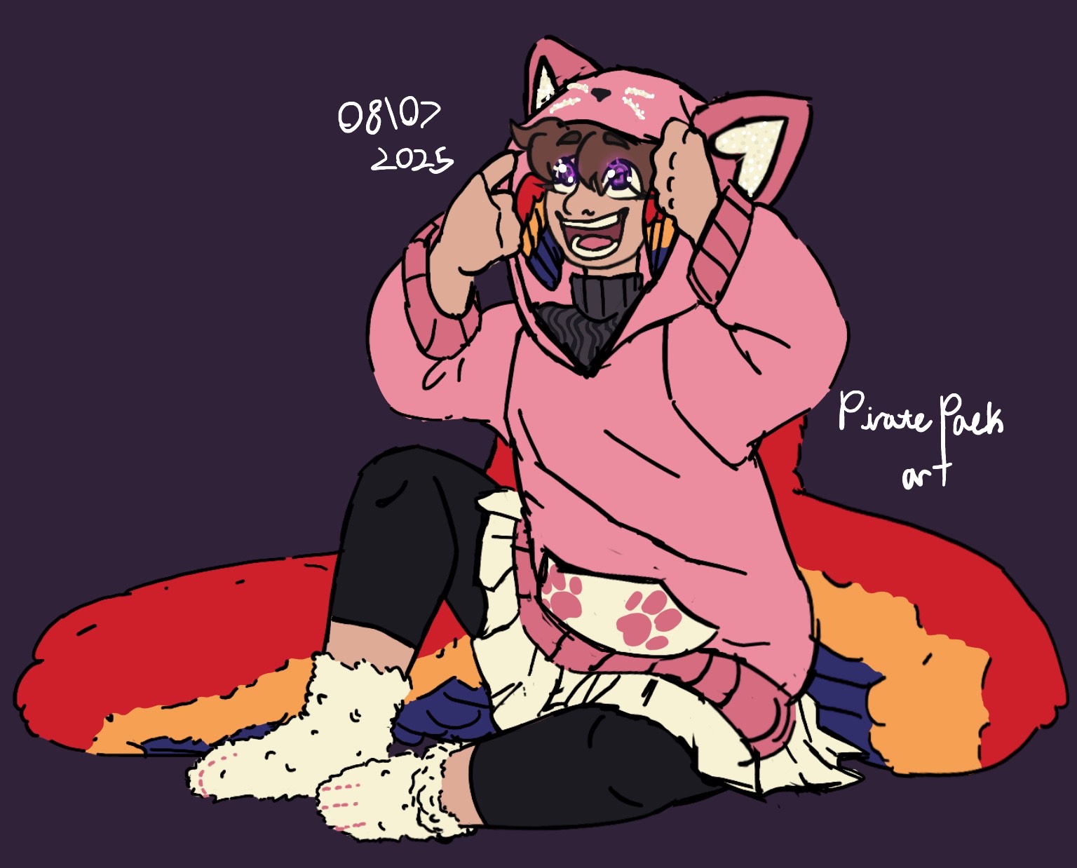 An image of Grian in their macaw form sitting comfortably. They're wearing a pink hoodie with cat ears and a sequin nose and whiskers as well as paw prints on the white pocket, over a black turtleneck. They're wearing a white skirt and fuzzy white socks that mimic cat's paws over black leggings, and their eyes are glowing purple.