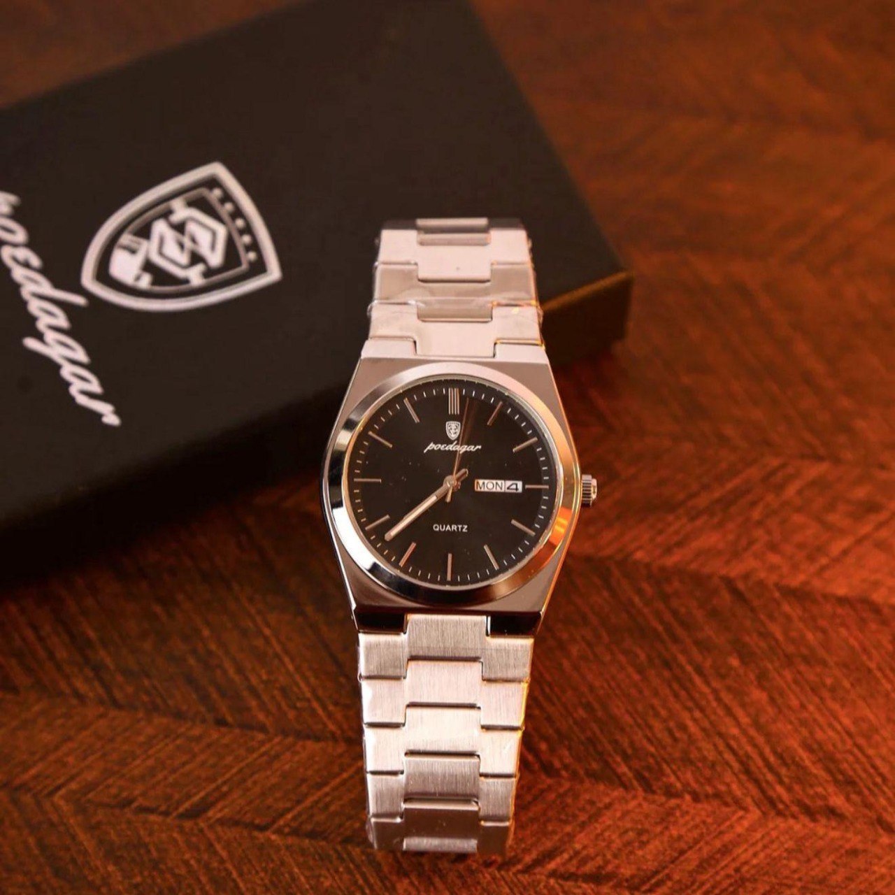 Relógio Masculino Luxo Poedagar Old Money Aço Quartzo Prata Preto Prateado Clássico