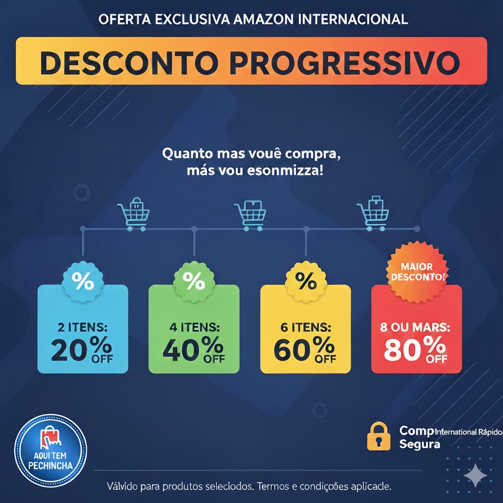 Desconto progressivo Amazon internacional, até 80% OFF comprando 8 itens ou mais