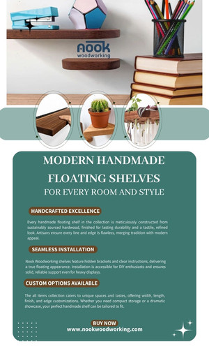 Rediscover the possibilities of organized decor with Nook Woodworking’s handmade floating shelves collection. Choose from long, compact, or corner-ready options, all featuring flawlessly hidden hardware and lasting finishes. Each handmade floating shelf merges organic wood grain with modern design, providing both statement pieces and subtle accents for any setting. Whether for books, plants, or collectibles, these shelves combine expert joinery and sustainable materials. Nook Woodworking creates floating shelves that not only optimize storage but also tell a story of exceptional craftsmanship, perfect for every room craving contemporary beauty and functional elegance.

Visit Here:  https://nookwoodworking.com/collections/all-items