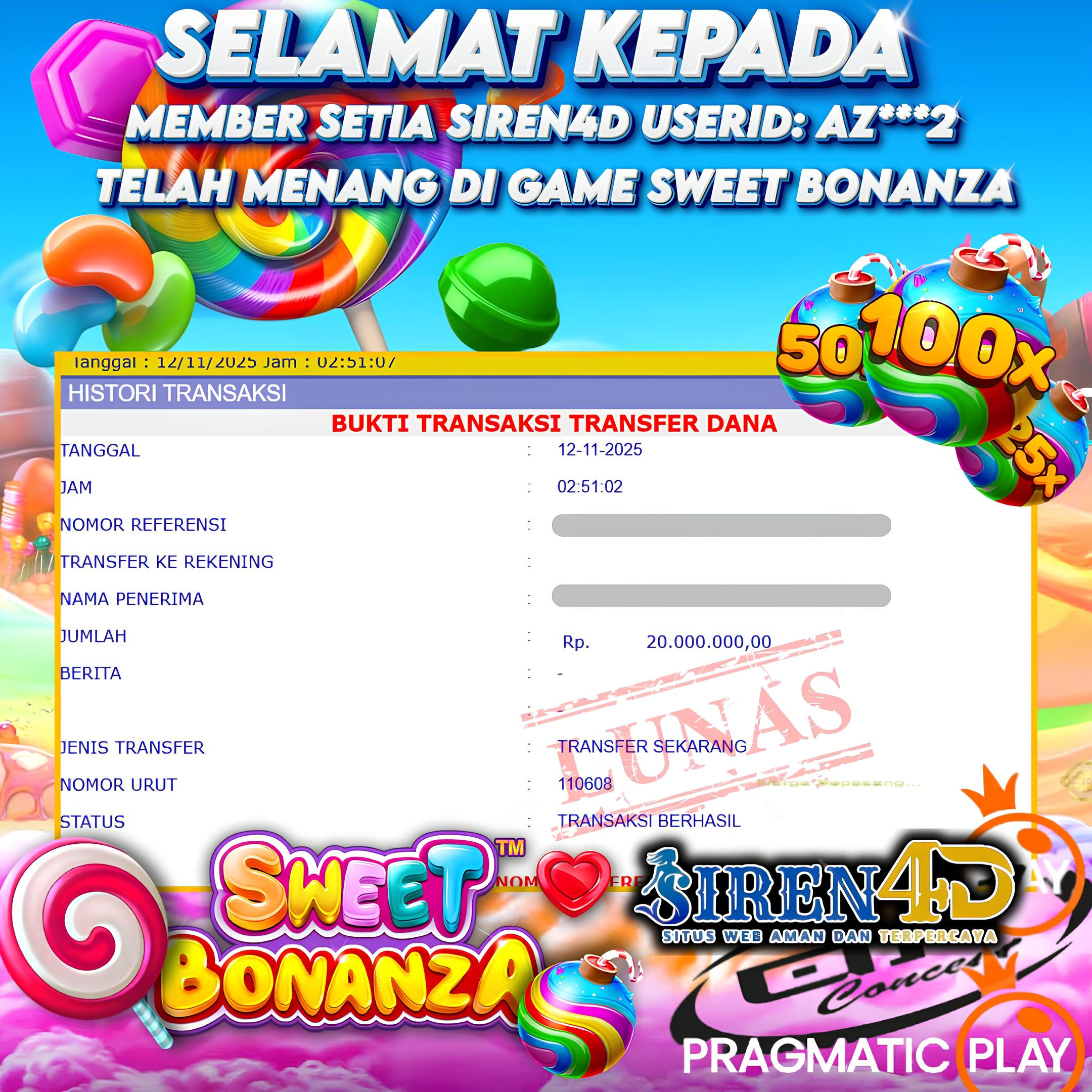 SIREN4D  - JACKPOT DI GAME SWEET BONANZA RP 20JT DIBAYAR LUNAS