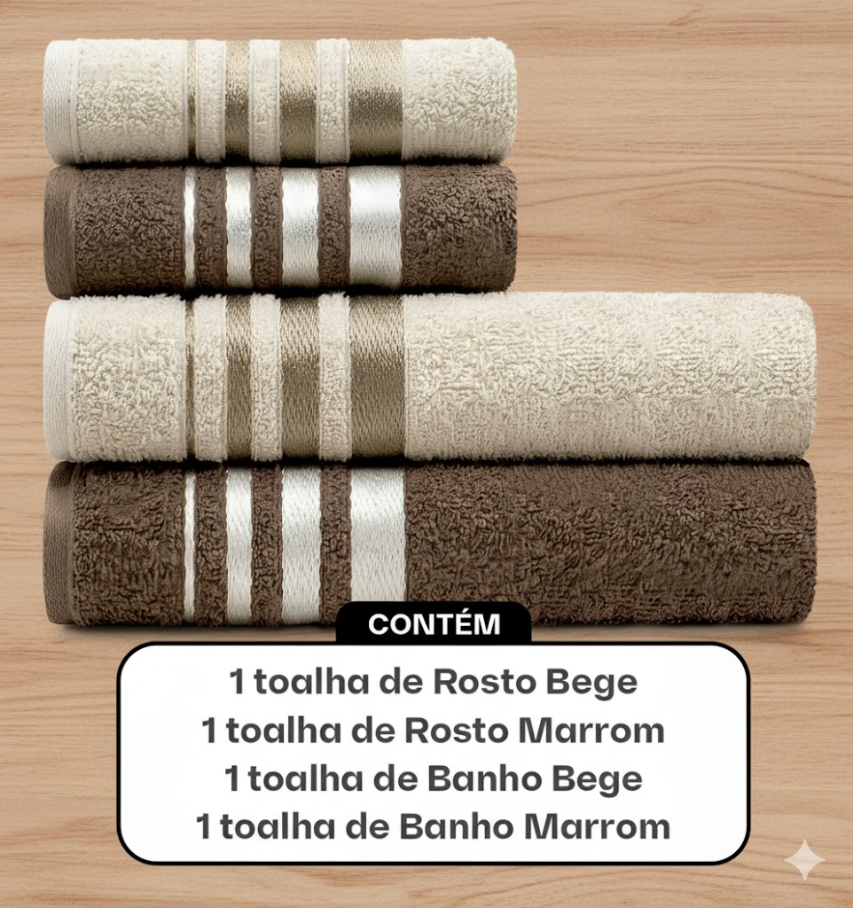 Jogo Toalhas De Algodão 4 Peças Banho E Rosto Bege Marrom Karsten