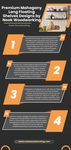 Elevate your space with NookWoodworking’s long floating shelves in mahogany, expertly crafted for sophistication and strength. Available in lengths from 12" to 84" and depths up to 12", each floating wooden shelf features a rich Danish oil finish and invisible mounting brackets for a premium “floating” look. Supporting up to 45-50 lbs per stud, these long floating shelves are ideal for displaying books, décor, or treasured items in living rooms, studies, or bedrooms. Customizable sizes, quality hardwood, and easy installation make every long floating shelf a timeless investment for stylish and versatile wall storage.

Visit Here:  https://nookwoodworking.com/products/long-floating-shelves-in-mahogany