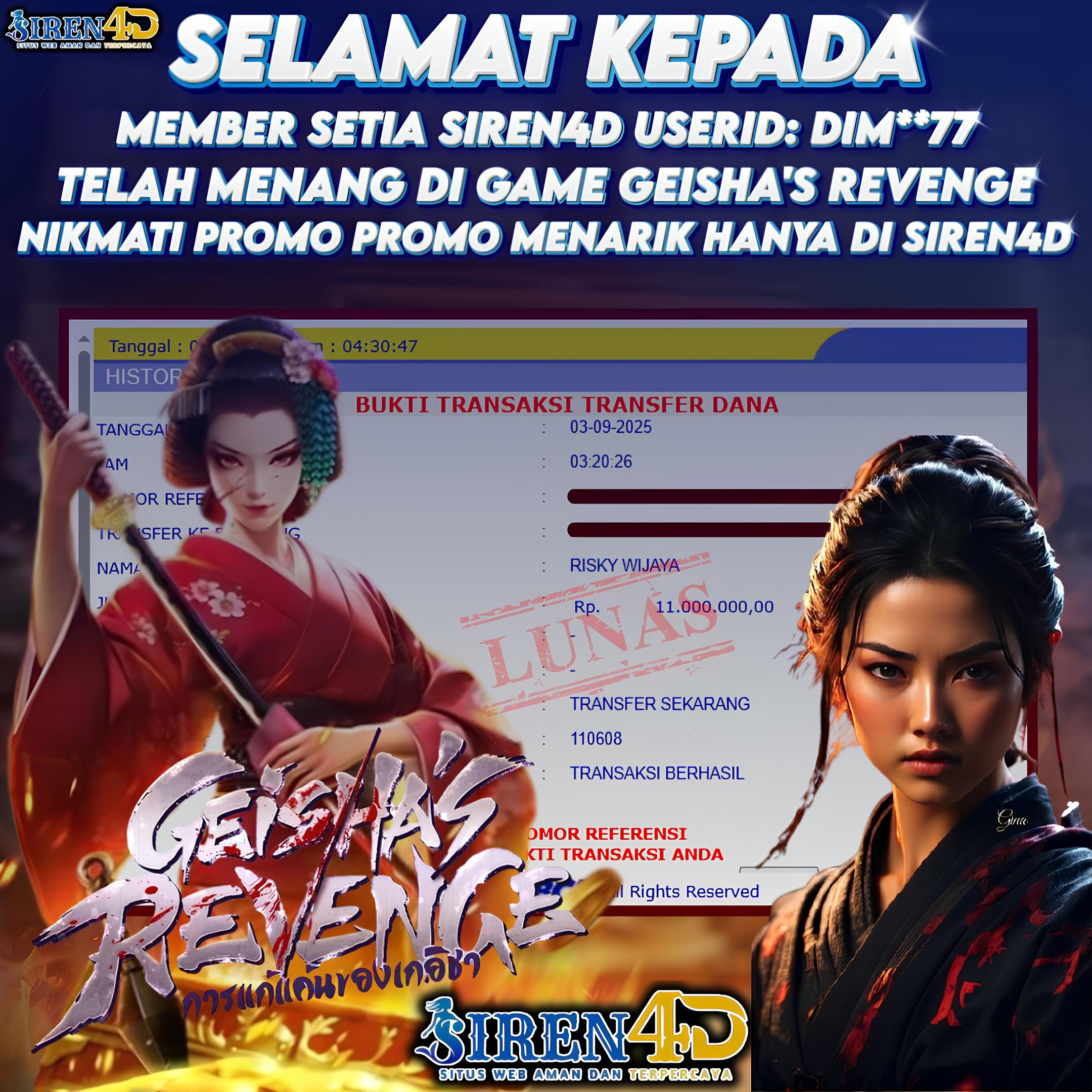 SIREN4D  - JACKPOT DI GAME GEISHA'S REVENGE RP 11JT DIBAYAR LUNAS