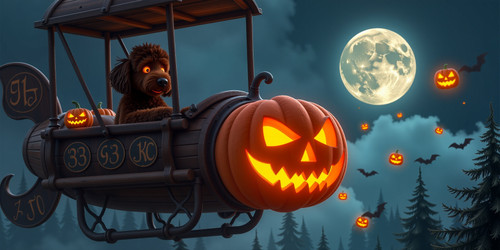 A festive spooky and whimsical Halloween scene of Big Belly Bob BBB a plush labradoodle with an absu.jpg