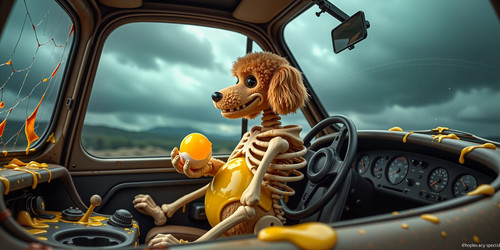 A darkly whimsical surreal scene of Big Belly Bob BBB a plush labradoodle reduced to a skeletal form.jpg