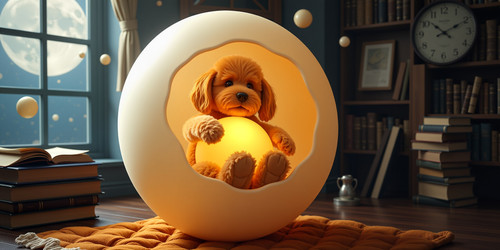 A surreal whimsical and slightly absurd scene of Big Belly Bob BBB a plush labradoodle perfectly enc.jpg