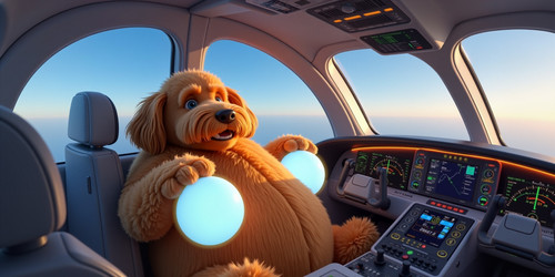 A whimsical hyper detailed and charming scene of Big Belly Bob BBB a plush labradoodle with an absur.jpg