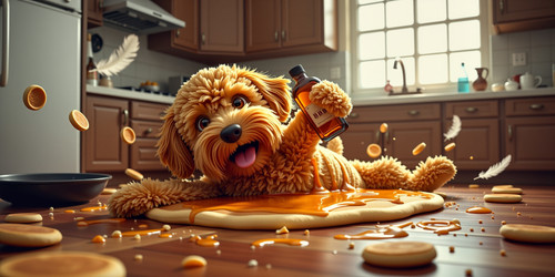 A chaotic surreal and hyper detailed scene of Big Belly Bob BBB a plush labradoodle mid splat on a k.jpg