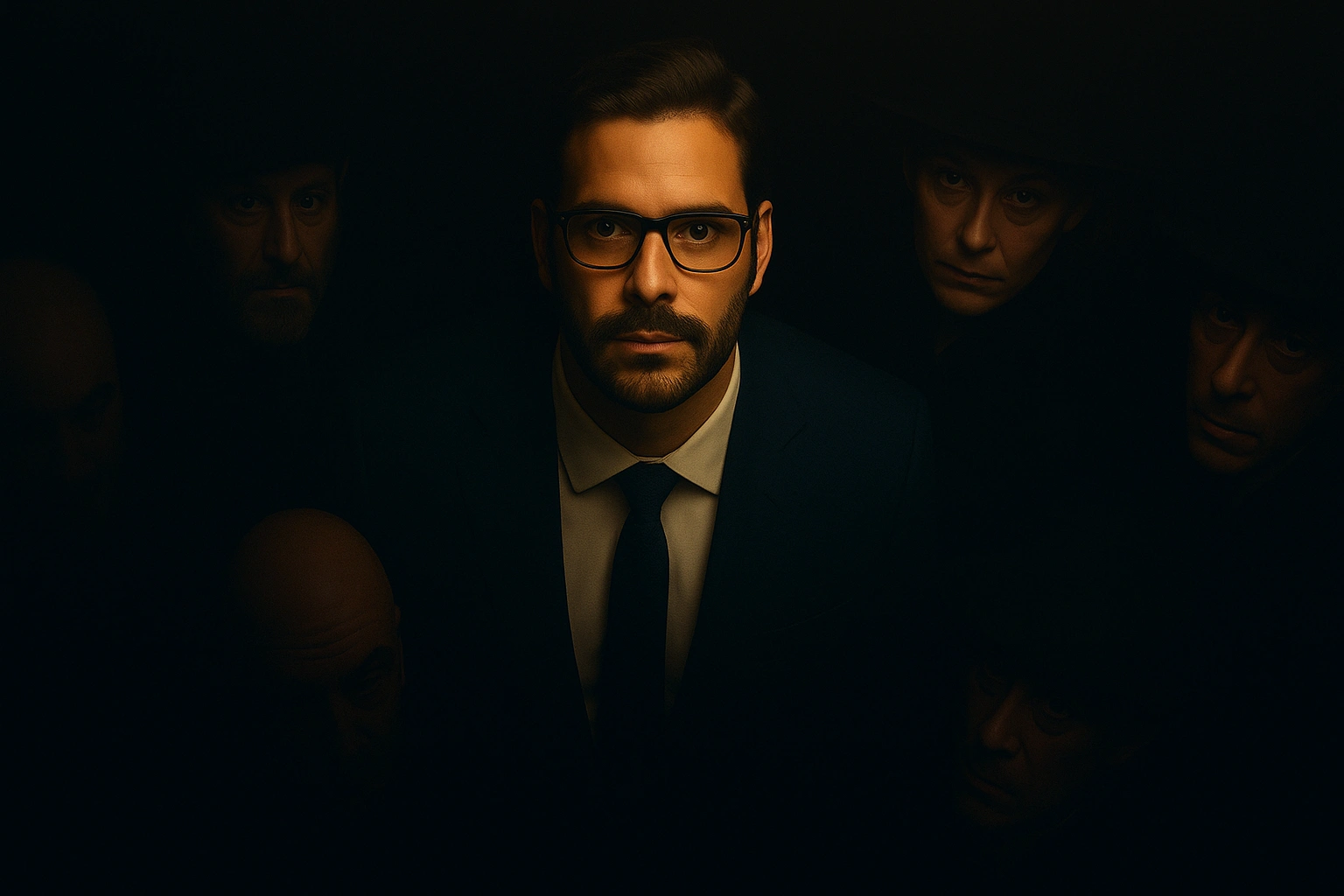Man in glasses surrounded by mysterious figures in the dark