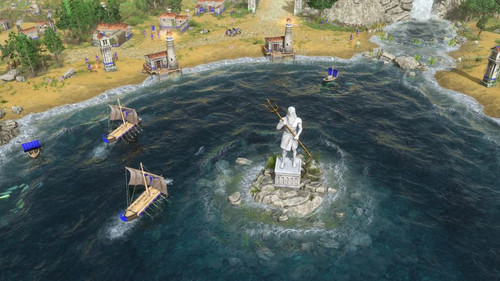Age of Mythology ships near coastal town.jpg